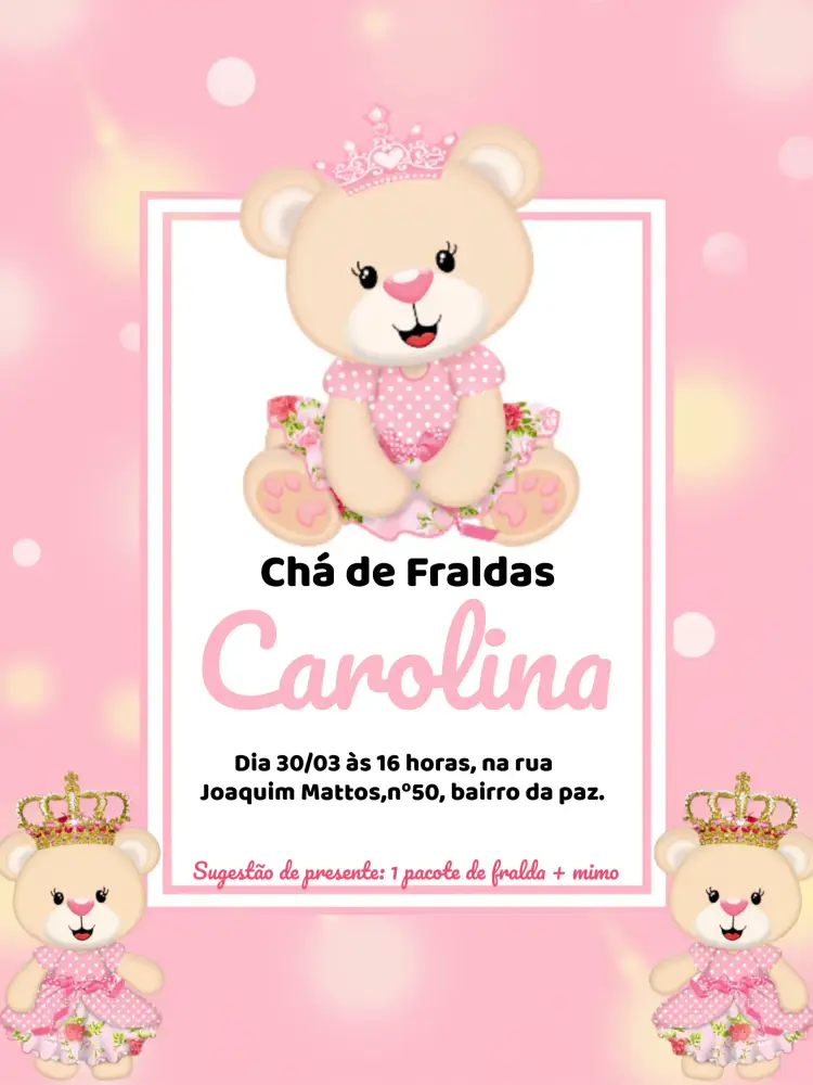 Convite Chá De Fraldas Ursinha Princesa Bebê