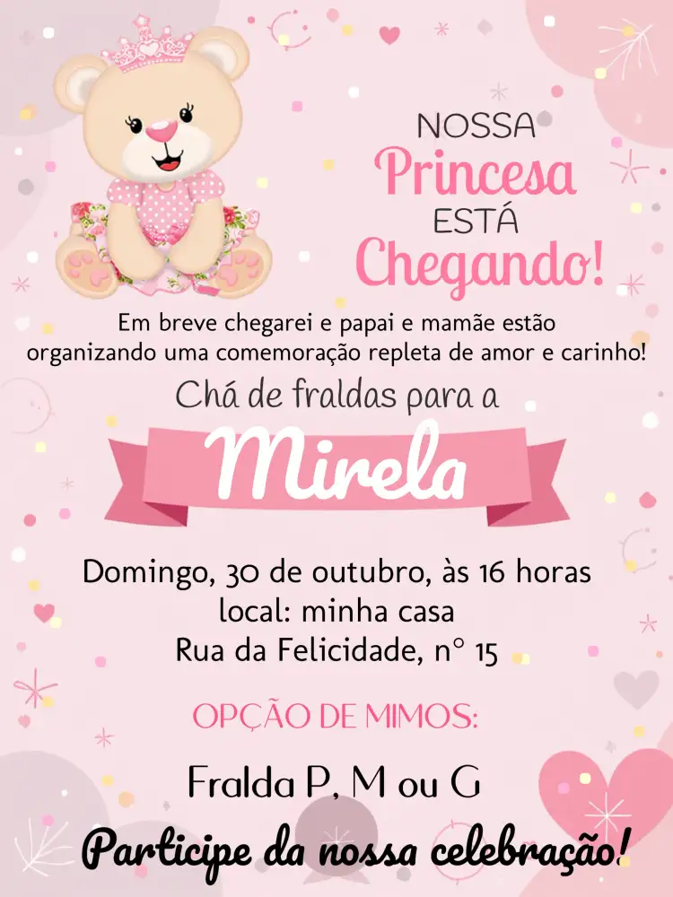 Convite Chá De Fraldas Ursinha Princesa Branco – tema Chá de Fraldas rosa, branco, fofo, princesa, elegante, infantil