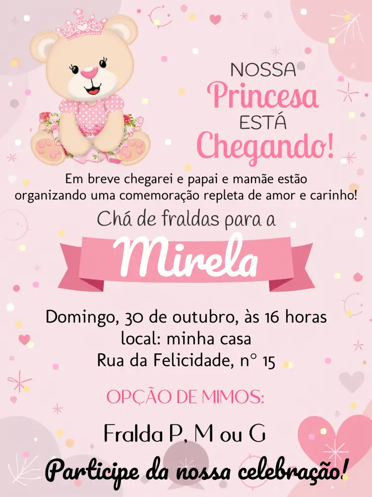 Convite Chá De Fraldas Ursinha Princesa Branco