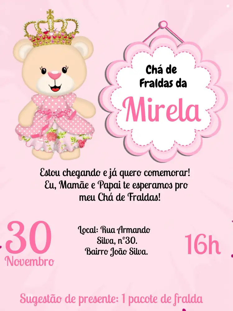 Convite Chá De Fraldas Ursinha Princesa Carrinho – tema Chá de Fraldas rosa e branco, realeza, ursinha, carrinho de bebê, temática infantil, varal de roupinhas
