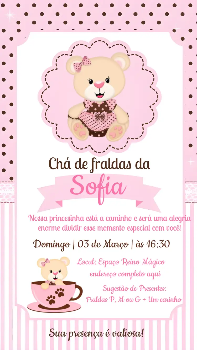 Convite Chá De Fraldas Ursinha Princesa – tema Chá de Fraldas pastel, princesa, ursinha, floral, dourado, infantil