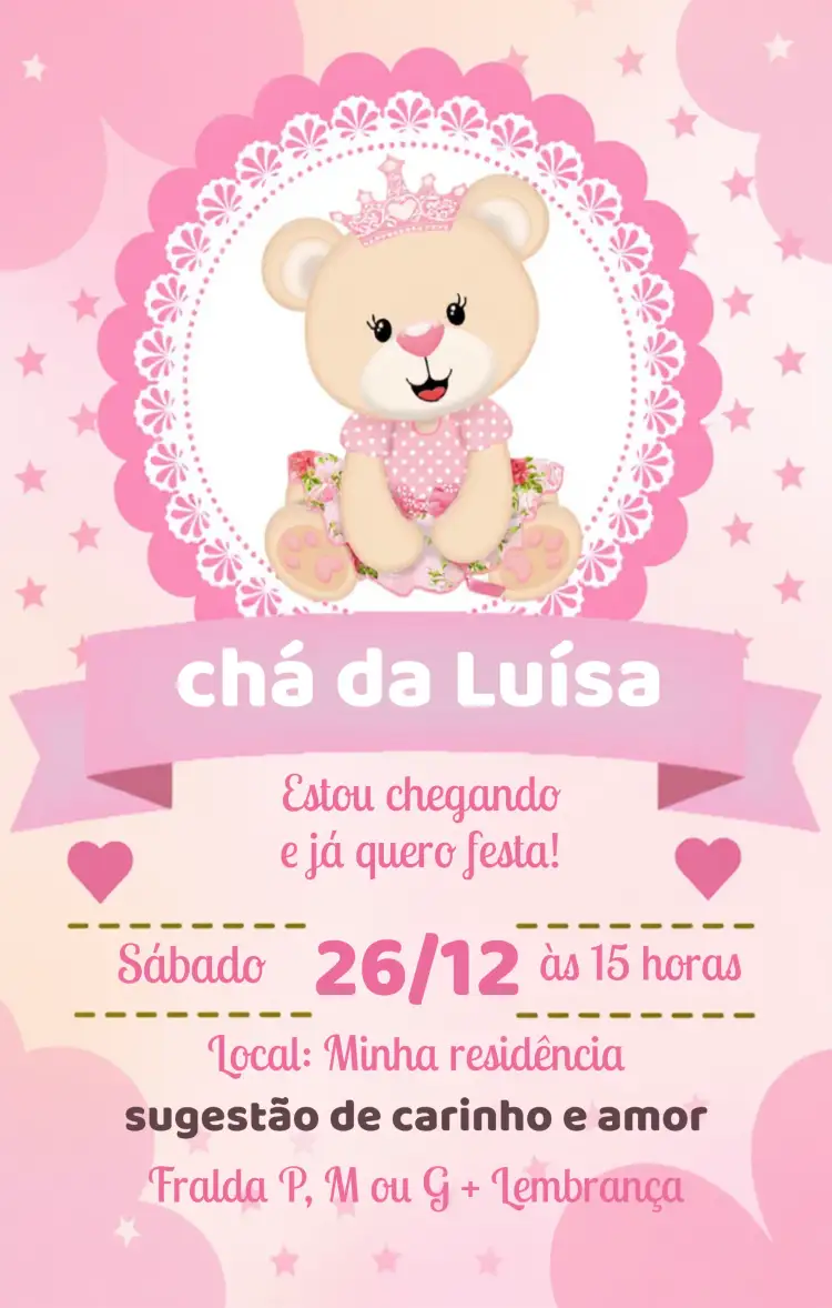 Convite Chá De Fraldas Ursinha Princesa Estrela – tema Chá de Fraldas rosa, lúdico, estrelas, princesa, moderno, infantil