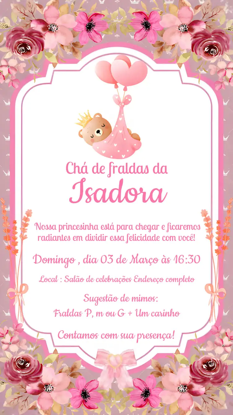 Chá De Fraldas Ursinha Princesa Flores