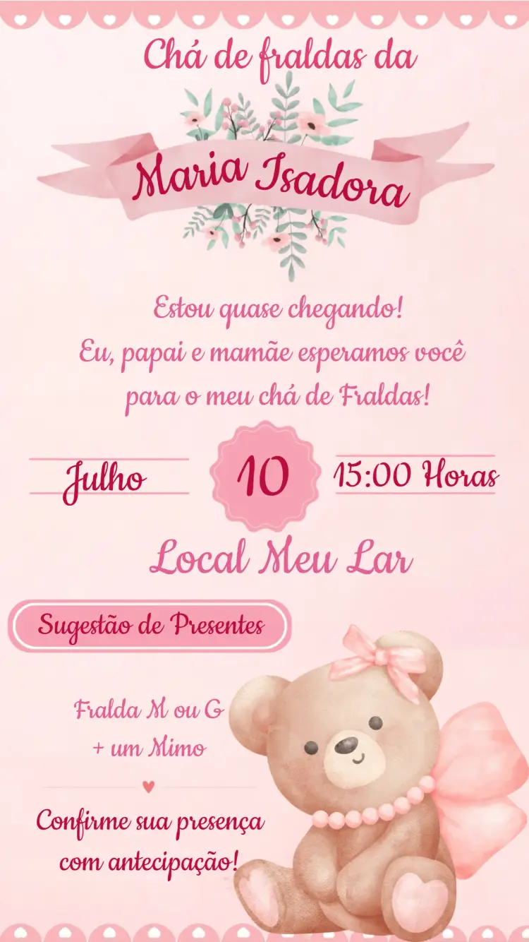 Convite Chá De Fraldas Ursinha Princesa Infantil editável e personalizável