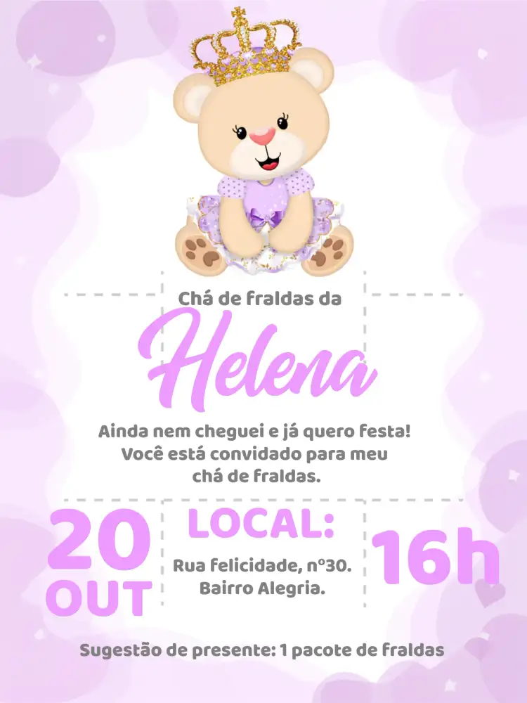 Chá De Fraldas Ursinha Princesa Lilas