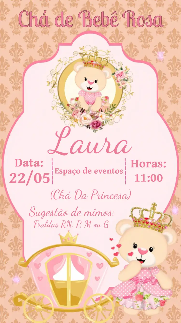 Convite Chá De Fraldas Ursinha Princesa Menina – tema Chá de Fraldas rosa, dourado, floral, princesa, moderno, lúdico