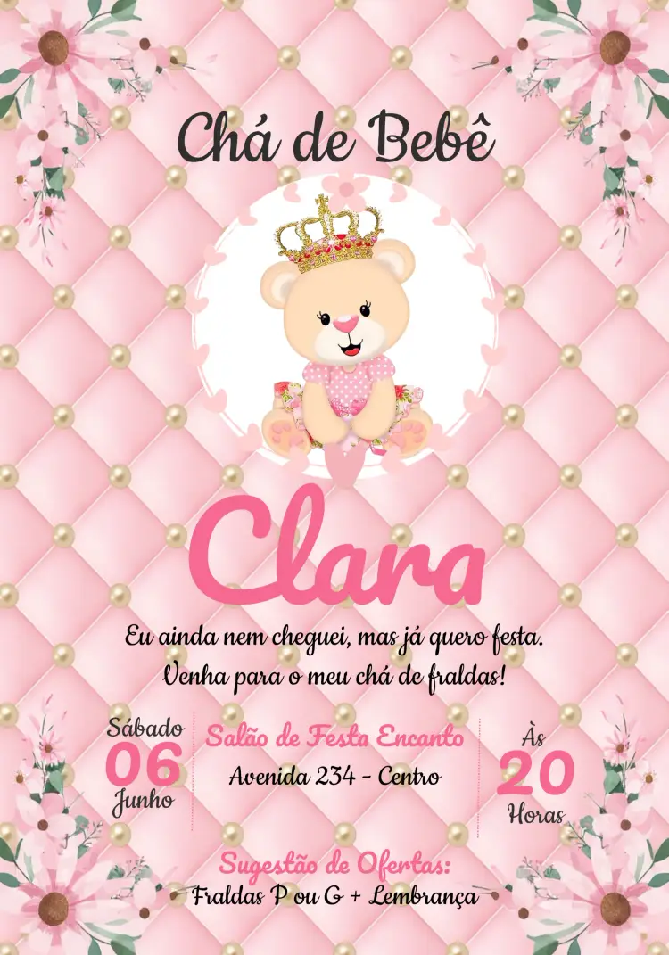 Convite Chá De Fraldas Ursinha Princesa Menina