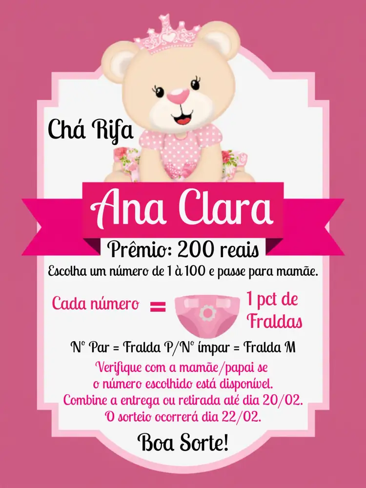 Convite Chá De Fraldas Ursinha Princesa Rosa – tema Chá de Fraldas rosa, branco, preto, lúdico, princesa