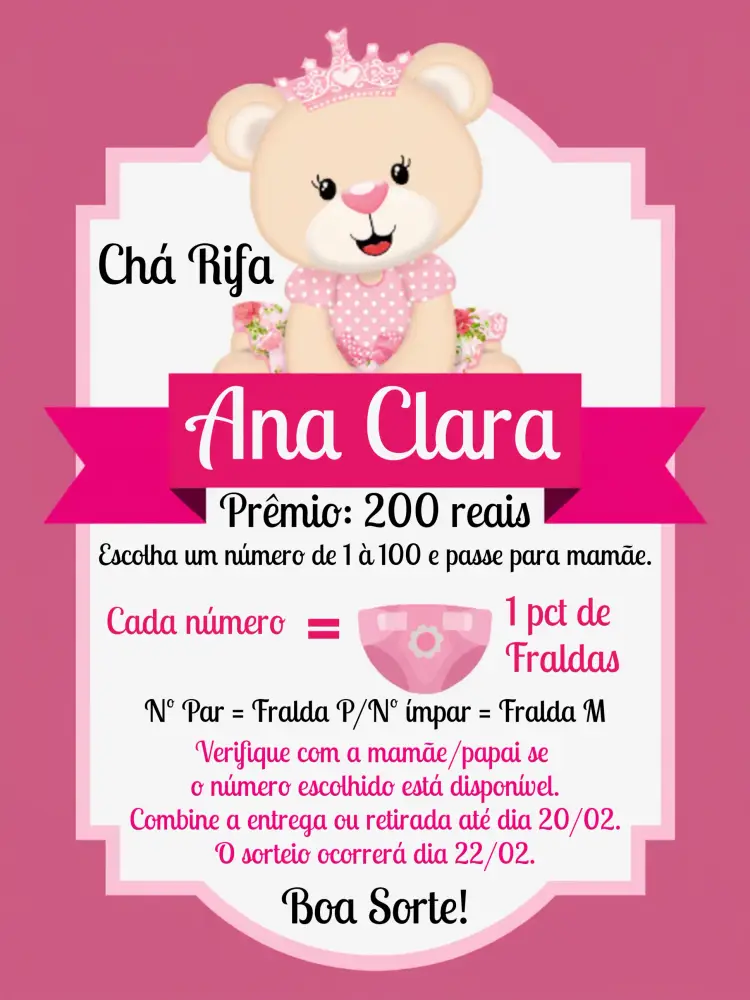 Convite Chá De Fraldas Ursinha Princesa Rosa