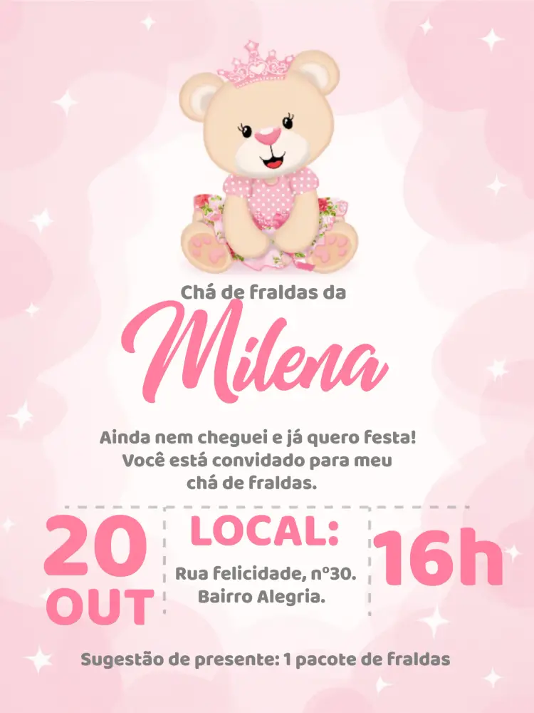 Convite Chá De Fraldas Ursinha Princesa Rosa
