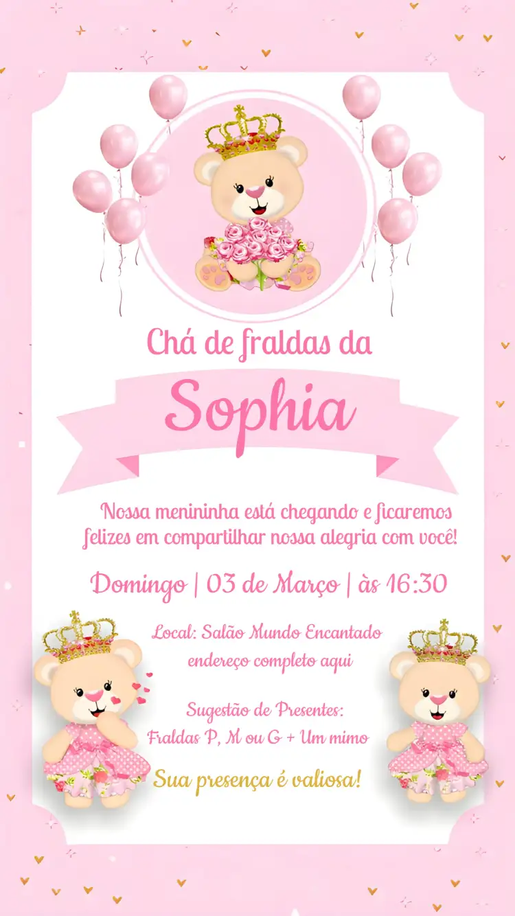 Convite Chá De Fraldas Ursinha Princesa Rosa – tema Chá de Fraldas rosa, glitter, princesa, ursinha, corações, realeza