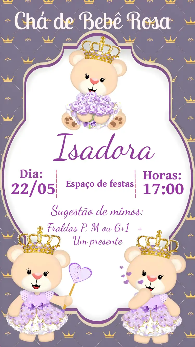 Chá De Fraldas Ursinha Princesa Roxo