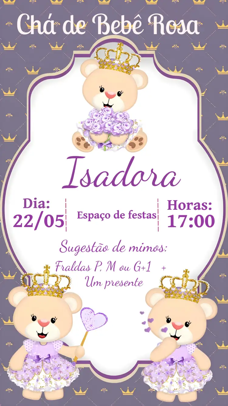 Convite Chá De Fraldas Ursinha Princesa Roxo – tema Chá de Fraldas lilás, roxo, dourado, glitter, princesa, infantil