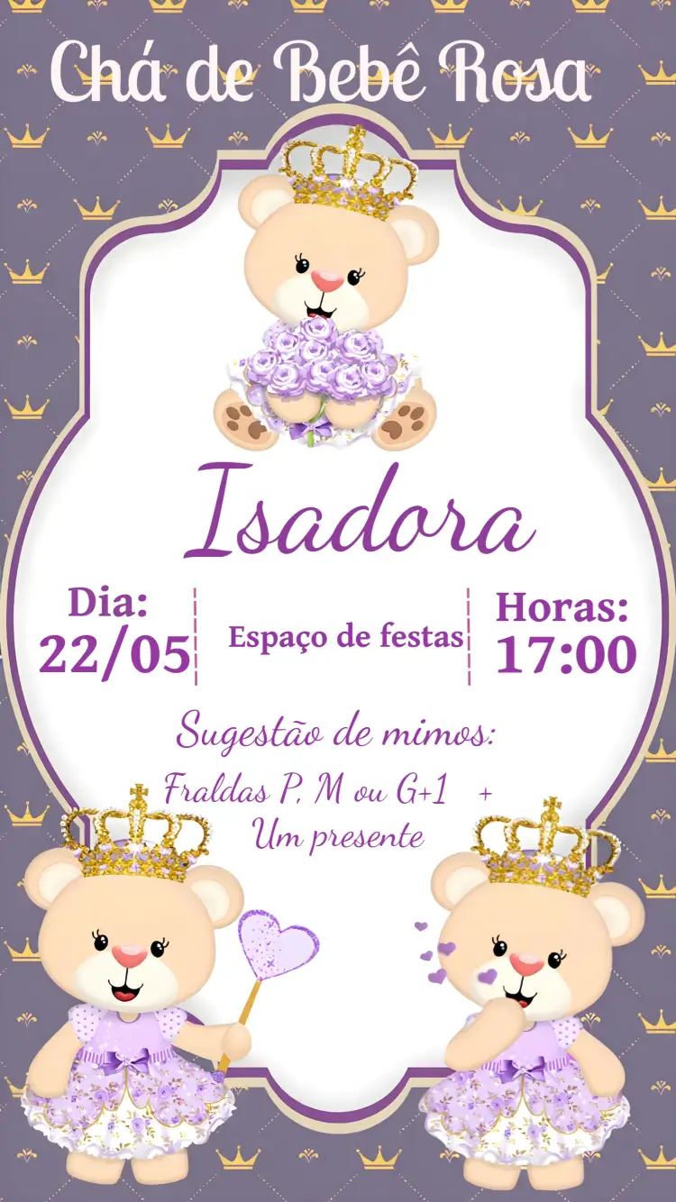 Convite Chá De Fraldas Ursinha Princesa Roxo editável e personalizável