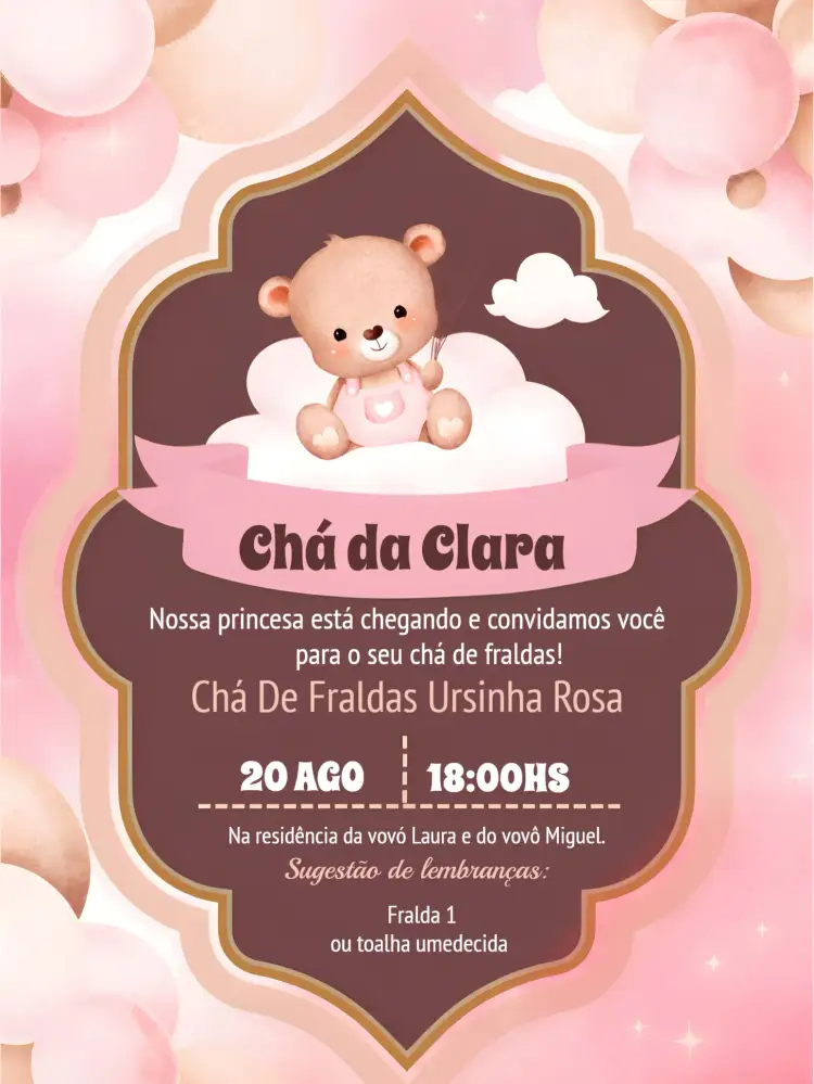 Convite Chá De Fraldas Ursinha Rosa – tema Chá de Fraldas ursinha, rosa, branco, marrom, balões, infantil