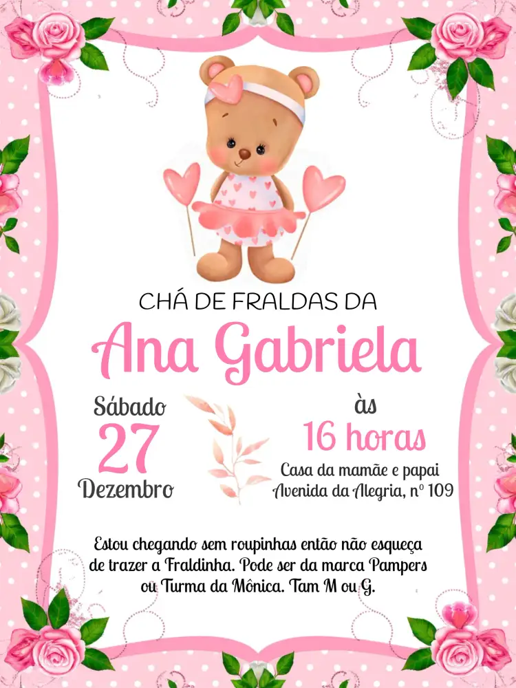 Convite Chá De Fraldas Ursinha Rosa – tema Chá de Fraldas aquarela, floral, delicado, moderno, infantil, divertido