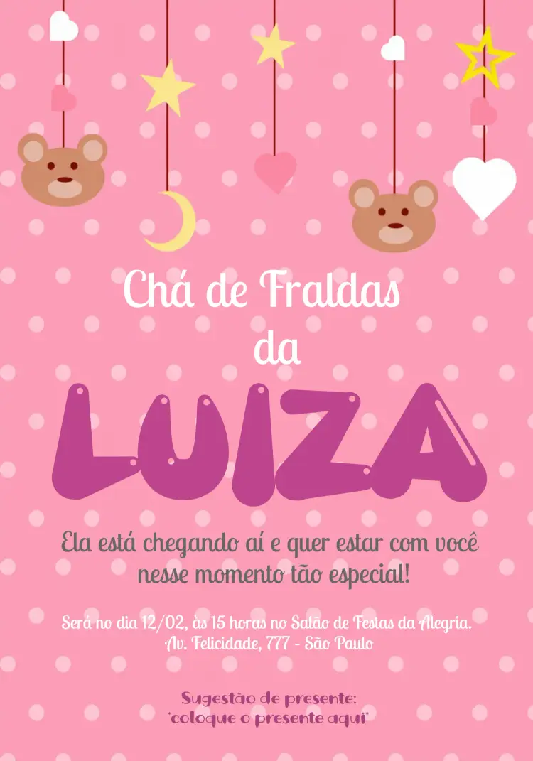 Convite Chá De Fraldas Ursinha Rosa Gravidez