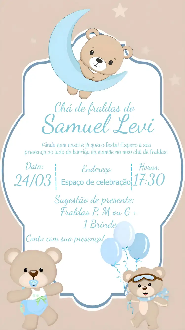 Convite Chá De Fraldas Ursinho – tema Chá de Fraldas azul, ursinho, fofo, infantil, moderno, divertido