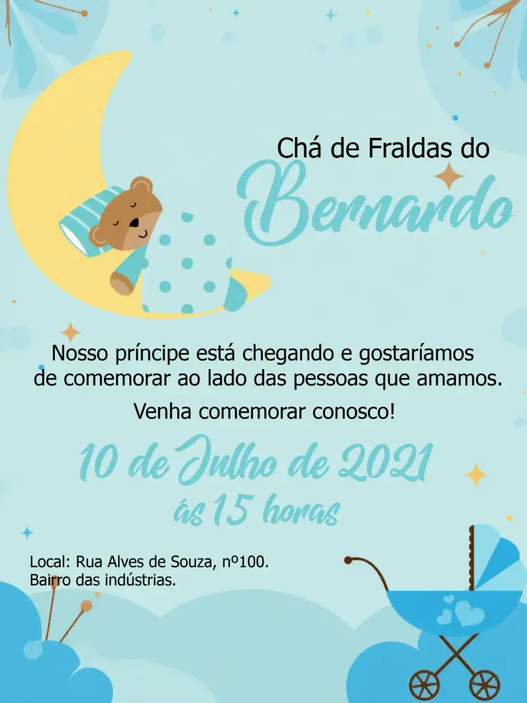 Convite Chá De Fraldas Ursinho Amarelo – tema Chá de Fraldas ursinho, amarelo, azul, branco, divertido, infantil