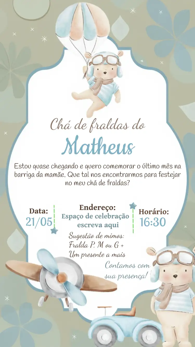 Convite Chá De Fraldas Ursinho Aviador Bebê – tema Chá de Fraldas fofo, aeronáutico, suave, infantil, colorido, divertido