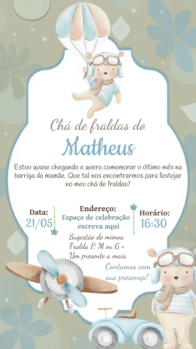 Convite Chá De Fraldas Ursinho Aviador Bebê