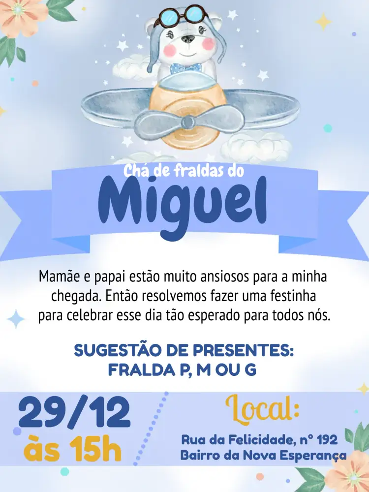Convite Chá De Fraldas Ursinho Aviador Branco – tema Chá de Fraldas aviador, infantil, suave, branco, azul, laranja