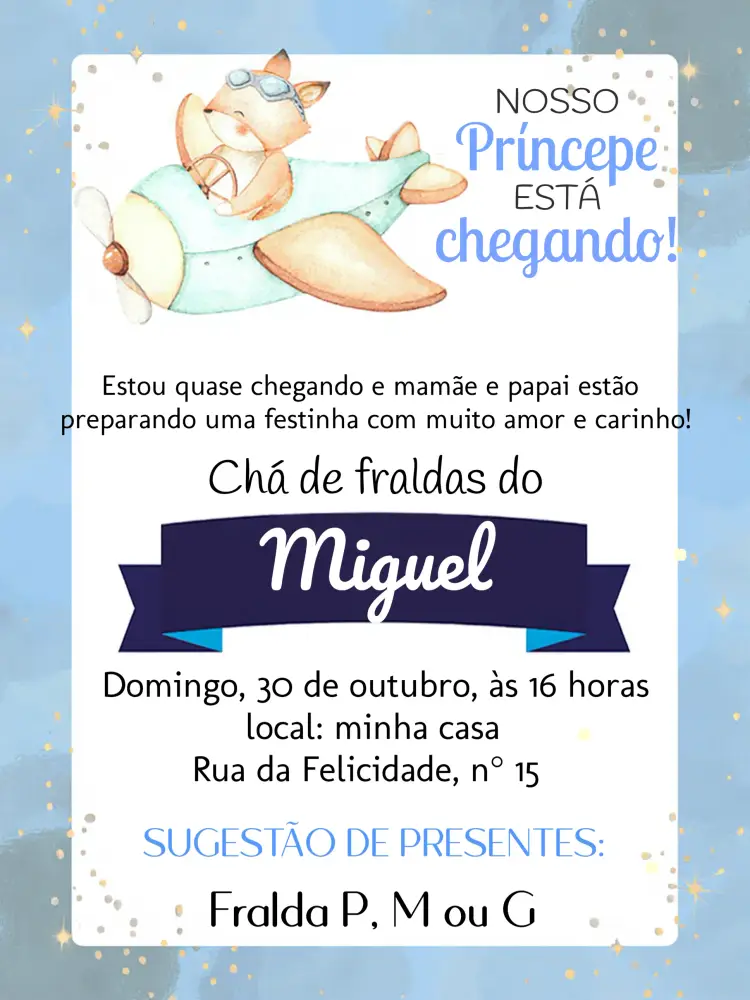 Convite Chá De Fraldas Ursinho Aviador Fundo