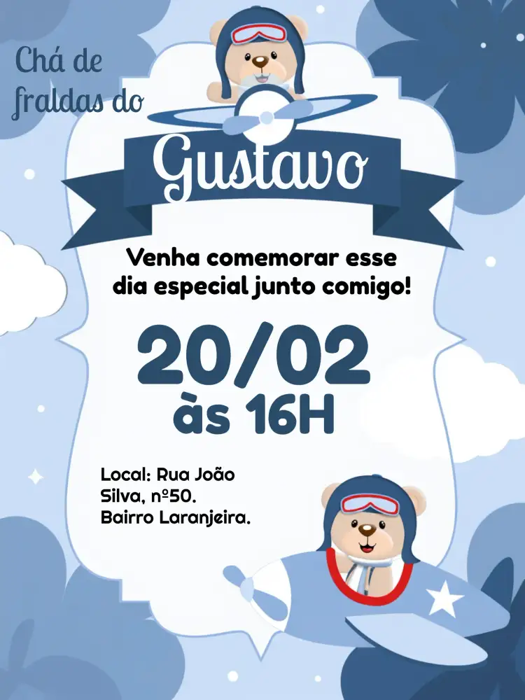 Convite Chá De Fraldas Ursinho Aviador Preto – tema Chá de Fraldas moderno, divertido, aeroespacial, azul e branco, nuvens, ursinhos