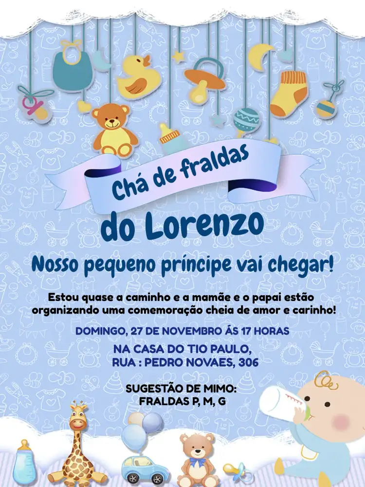 Convite Chá De Fraldas Ursinho Azul – tema Chá de Fraldas azul, infantil, fofo, ilustrações de animais, divertido, suave