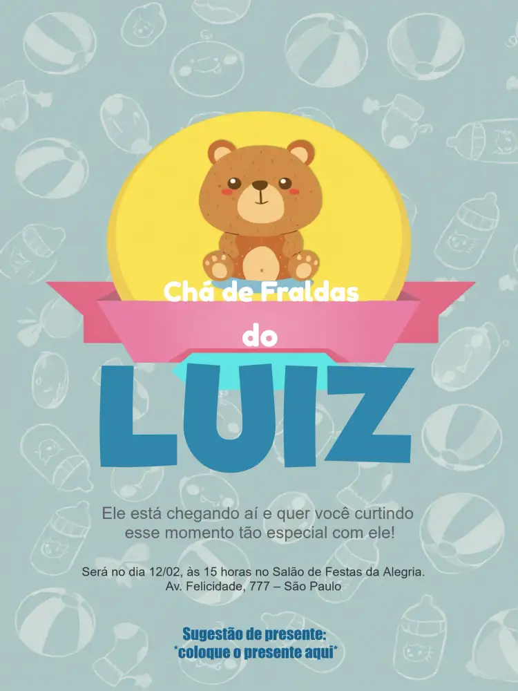 Convite Chá De Fraldas Ursinho Azul - Menino Bebê – tema Chá de Fraldas azul claro, ursinhos, infantil, lúdico, divertido, moderno