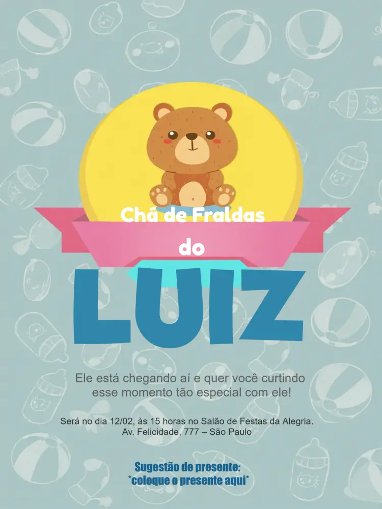 Convite Chá De Fraldas Ursinho Azul - Menino Bebê