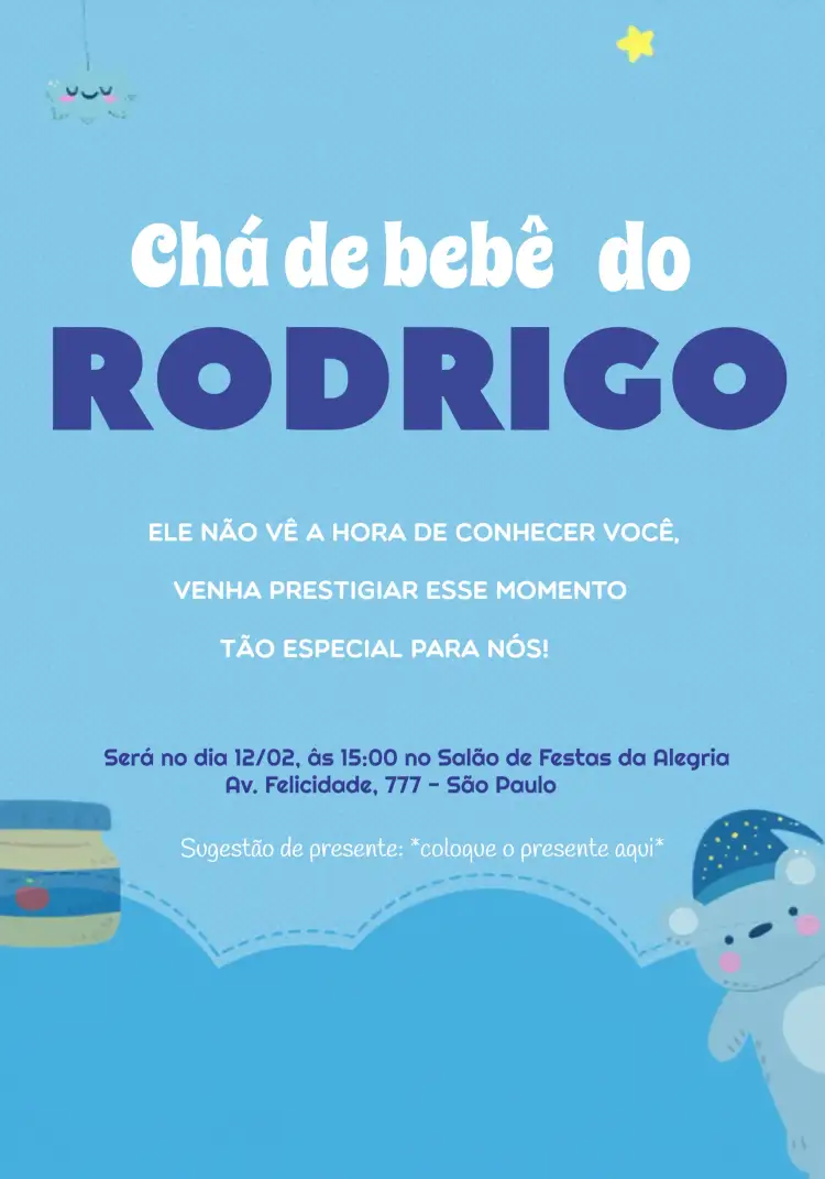 Convite Chá De Fraldas Ursinho Azul Menino Estrelas – tema Mais pesquisados azul, lúdico, infantil, delicado, brincalhão