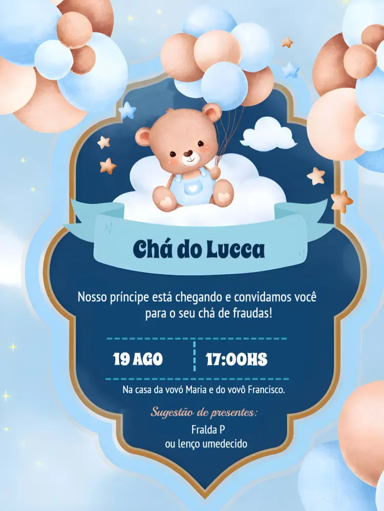 Convite Chá De Fraldas Ursinho Balão editável e personalizável