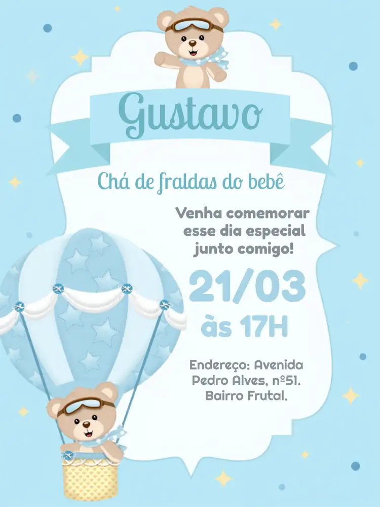 Convite Chá De Fraldas Ursinho Baloeiro Aviador – tema Chá de Fraldas azul, branco, preto, infantil, lúdico, aviador