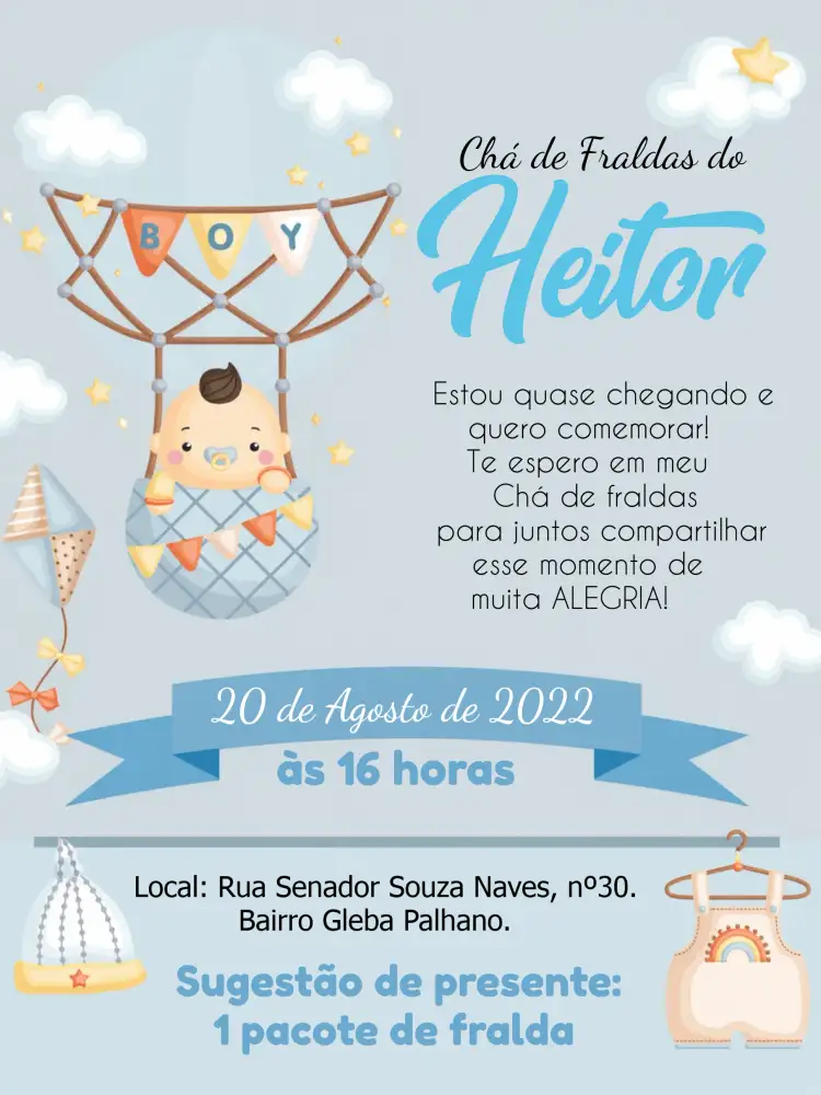 Convite Chá De Fraldas Ursinho Baloeiro Azul – tema Chá de Fraldas azul, branco, marrom, balões, estrelas, nuvens