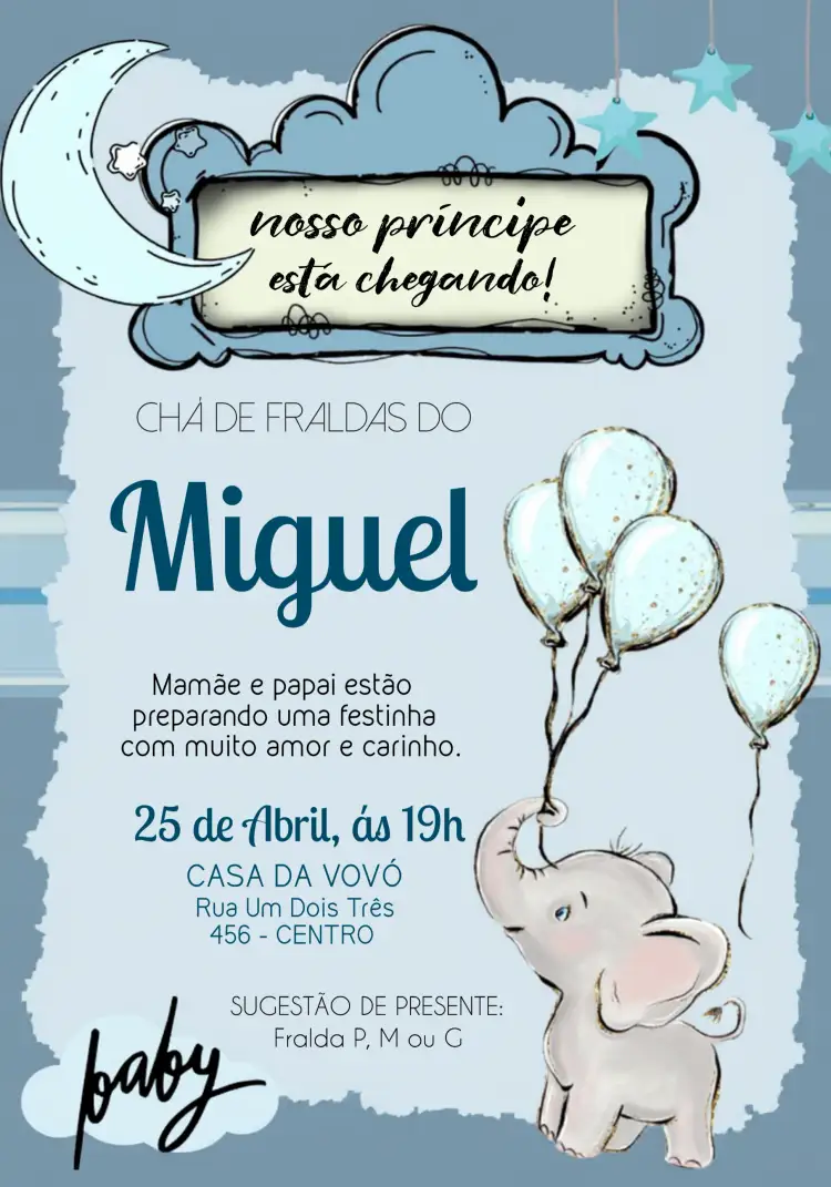 Convite Chá De Fraldas Ursinho Baloeiro Azul Menino Bebê – tema Chá de Fraldas azul, infantil, fofo, brincalhão, colorido