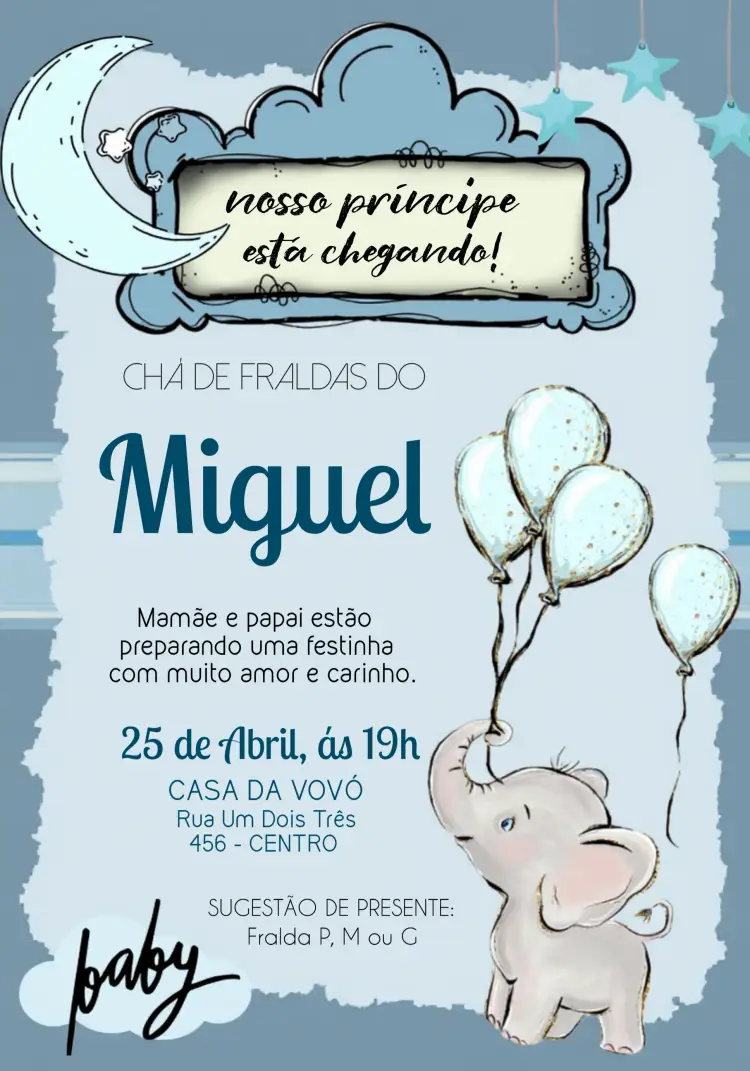 Convite Chá De Fraldas Ursinho Baloeiro Azul Menino Bebê
