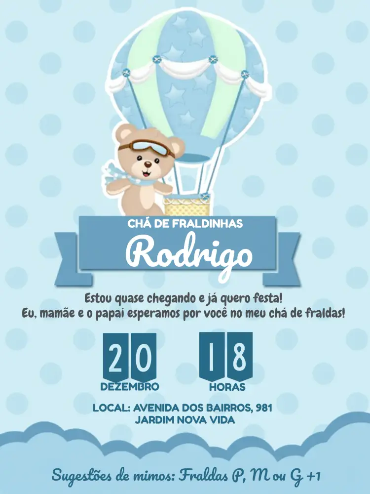 Convite Chá De Fraldas Ursinho Baloeiro Balão