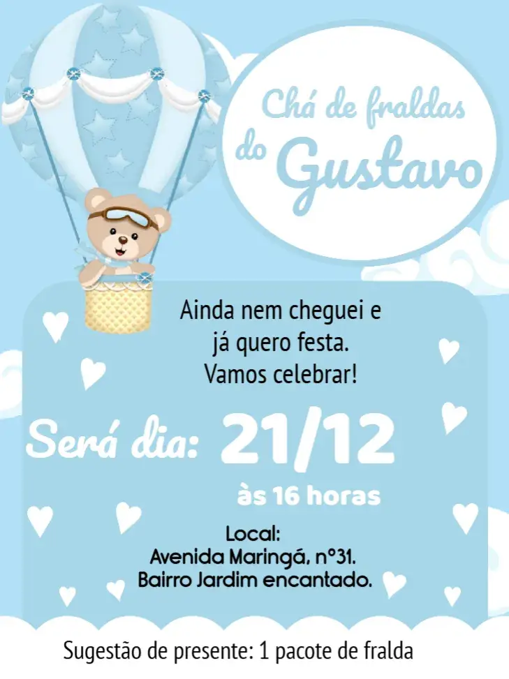 Convite Chá De Fraldas Bebê Ursinho Baloeiro azul editável e personalizável
