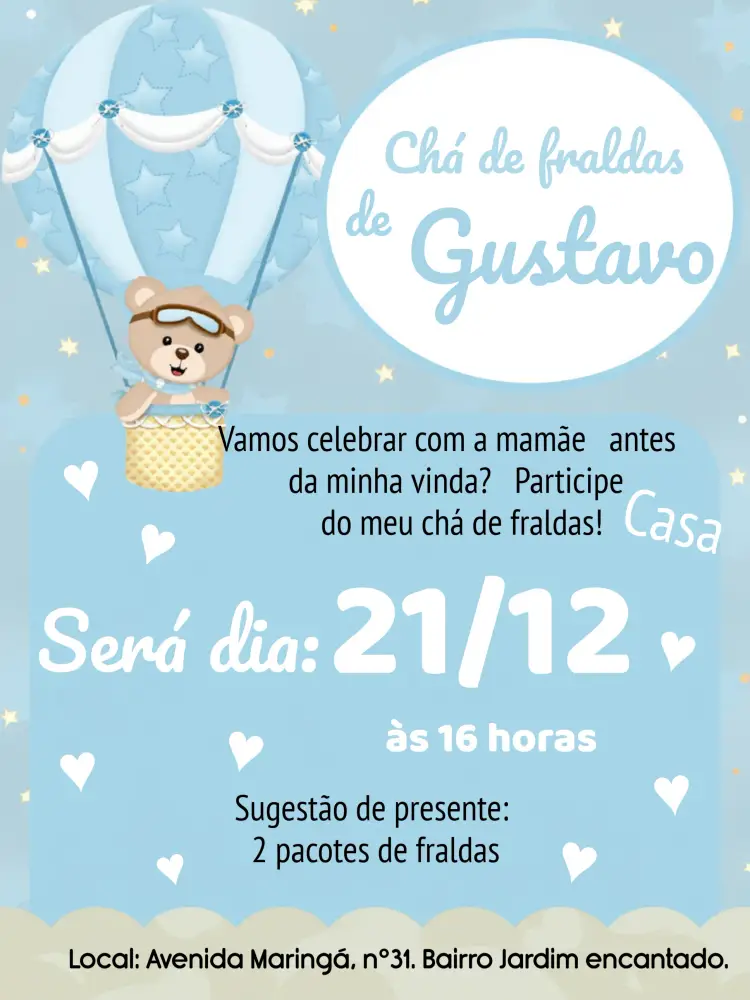 Convite Chá De Fraldas Ursinho Baloeiro Bebe editável e personalizável