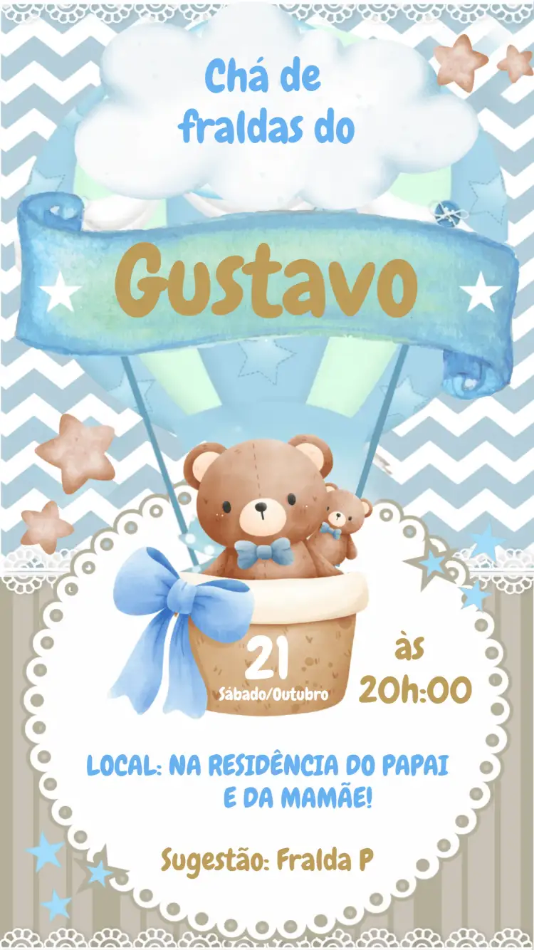 Convite Chá De Fraldas Ursinho Baloeiro Branco – tema Chá de Fraldas ursinho, baloeiro, azul, branco, divertido, infantil