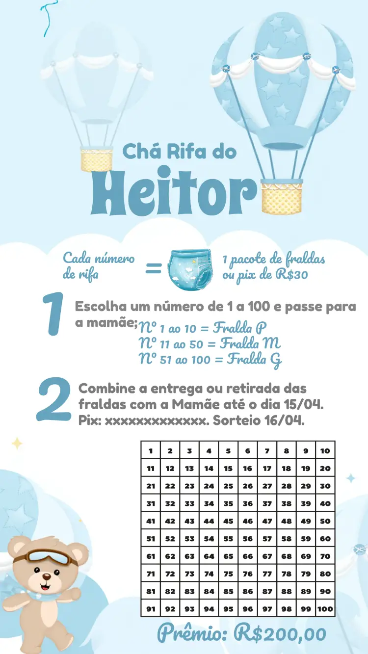 Convite Chá De Fraldas Ursinho Baloeiro Cha