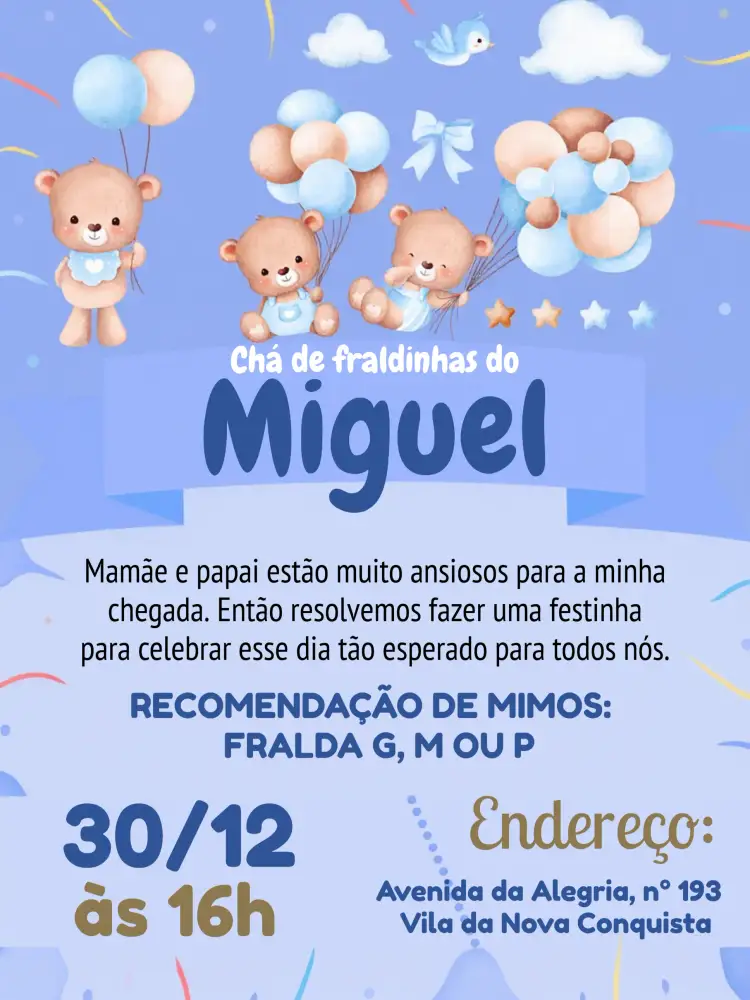 Convite Chá De Fraldas Ursinho Baloeiro Marrom – tema Chá de Fraldas ursinho, balões coloridos, marrom, azul, branco, divertido