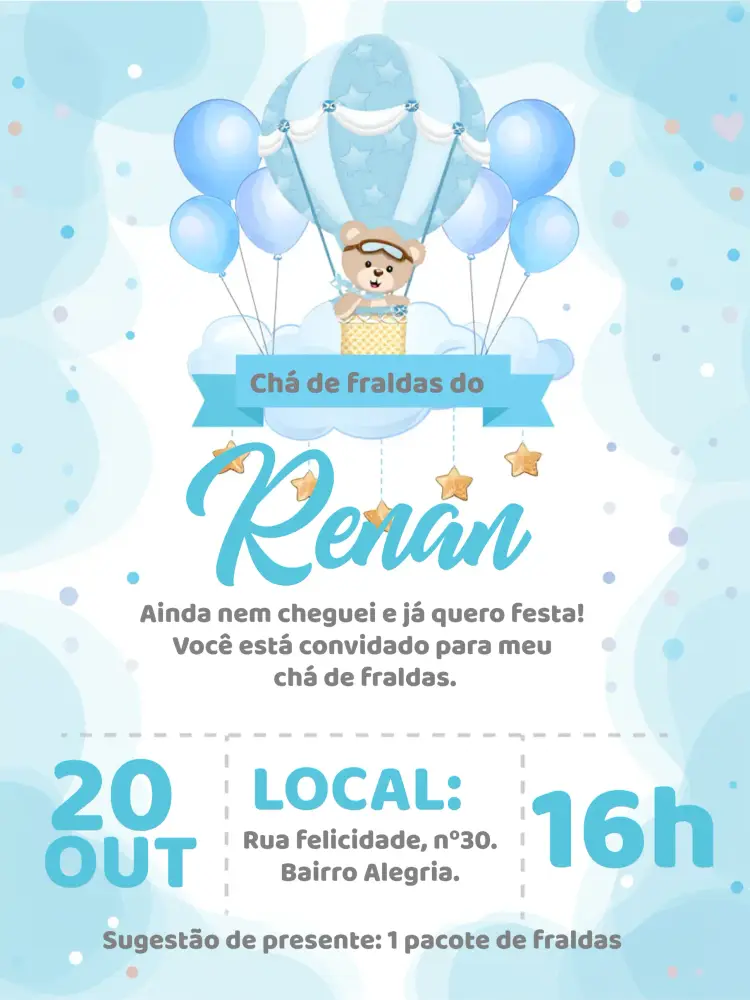 Convite Chá De Fraldas Ursinho Baloeiro Nuvem