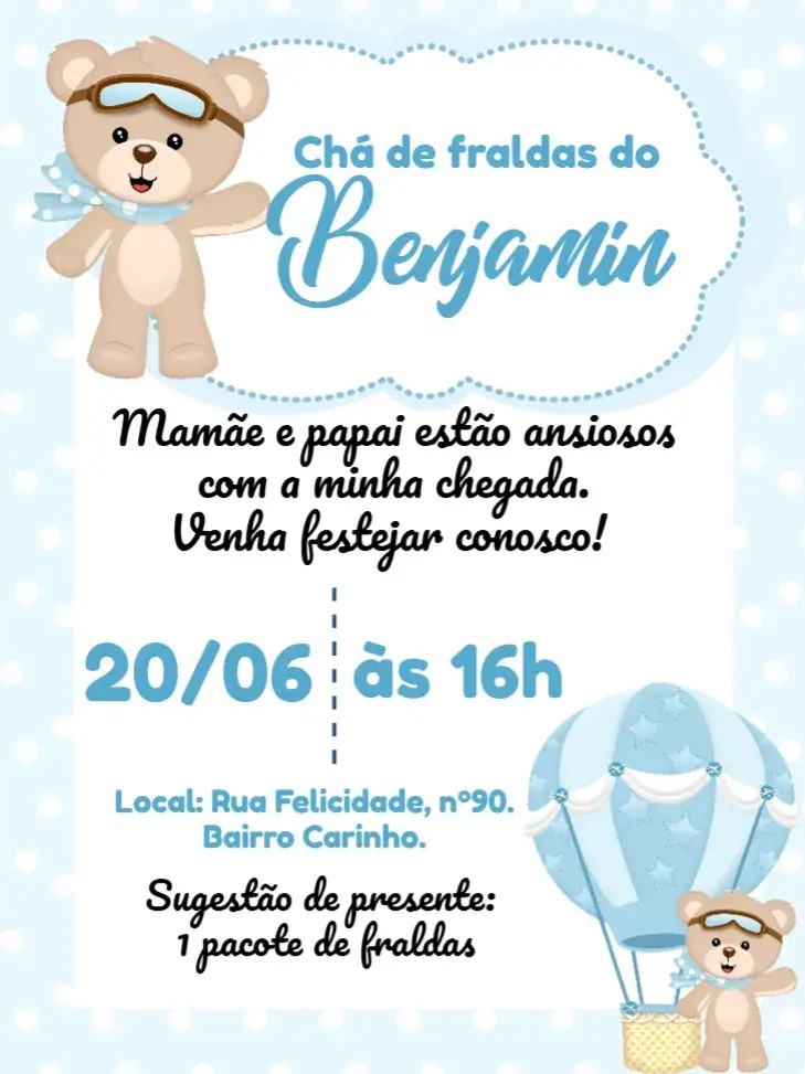 Convite Chá De Fraldas Ursinho Baloeiro – tema Chá de Fraldas azul, branco, lúdico, infantil, festivo, suave