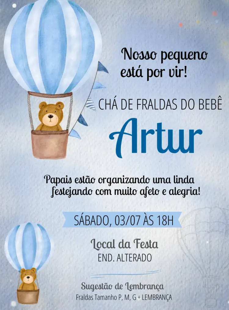 Convite Chá De Fraldas Ursinho Baloieiro Baloeiro – tema Chá de Fraldas azul, ursinhos, balões, divertido, lúdico, moderno