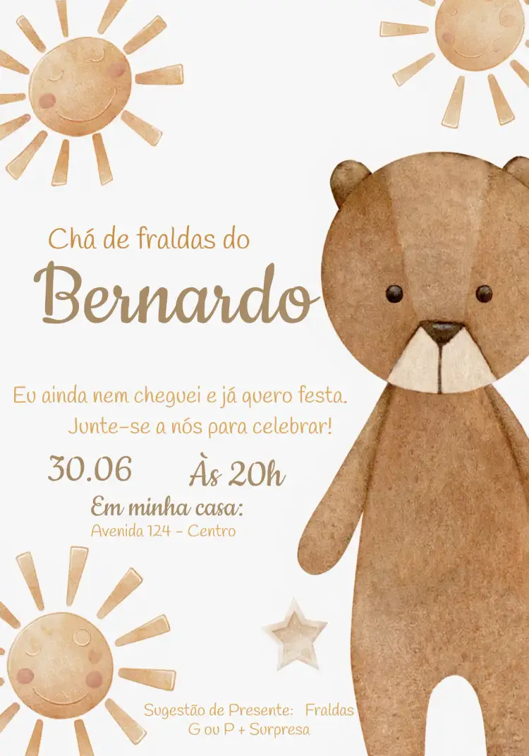 Convite Chá De Fraldas Ursinho Bege – tema Chá de Fraldas boho, infantil, marrom, amarelo, bege, estrelinhas