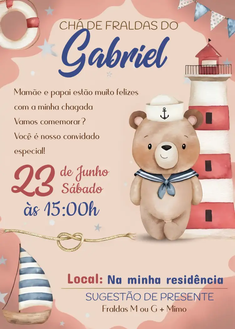 Convite Chá De Fraldas Ursinho Marinheiro Aquarela – tema Chá de Fraldas aquarela, marinheiro, ursinho, vermelho e azul, infantil, lúdico
