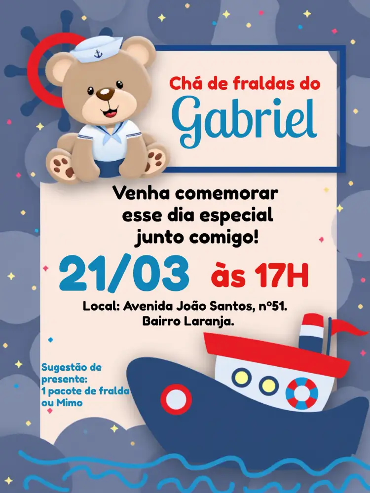 Convite Chá De Fraldas Ursinho Marinheiro Barco – tema Chá de Fraldas marinho, infantil, colorido, divertido, temático, navegação