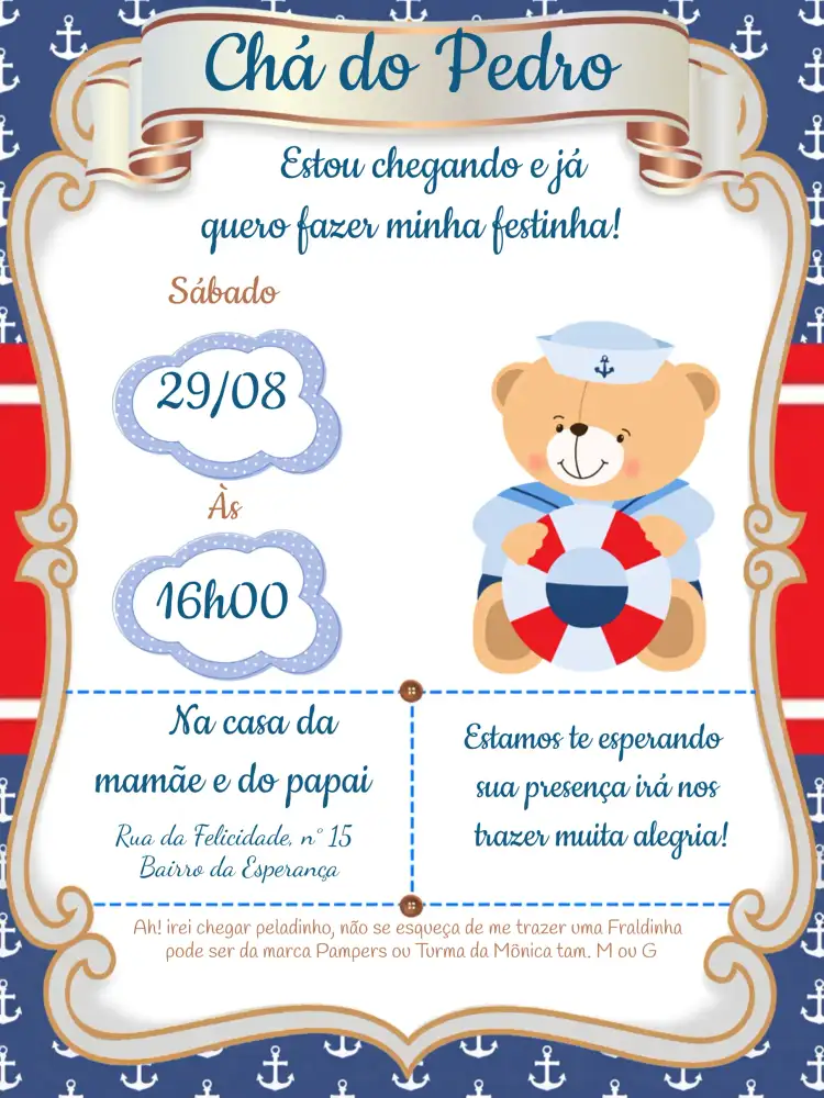 Chá De Fraldas Ursinho Marinheiro Dourado